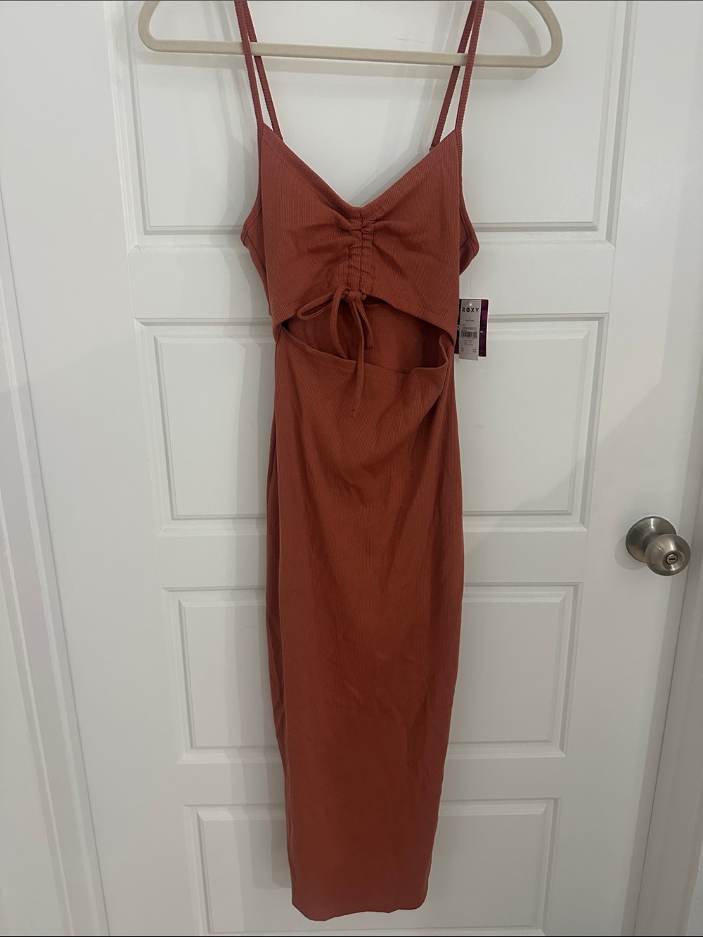Rust Cutout Midi Dress with Ruched Front